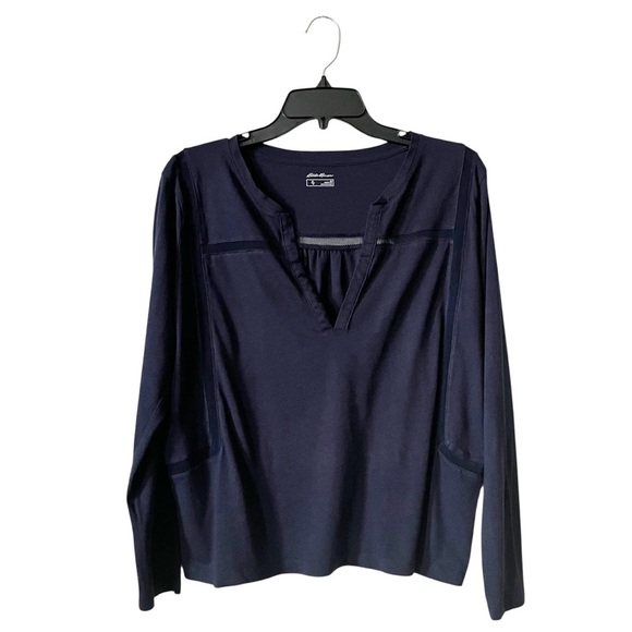 Eddie Bauer T-Shirt Top Women's Size M Blue Split Neck Long Sleeve Mesh Detail - Picture 1 of 6